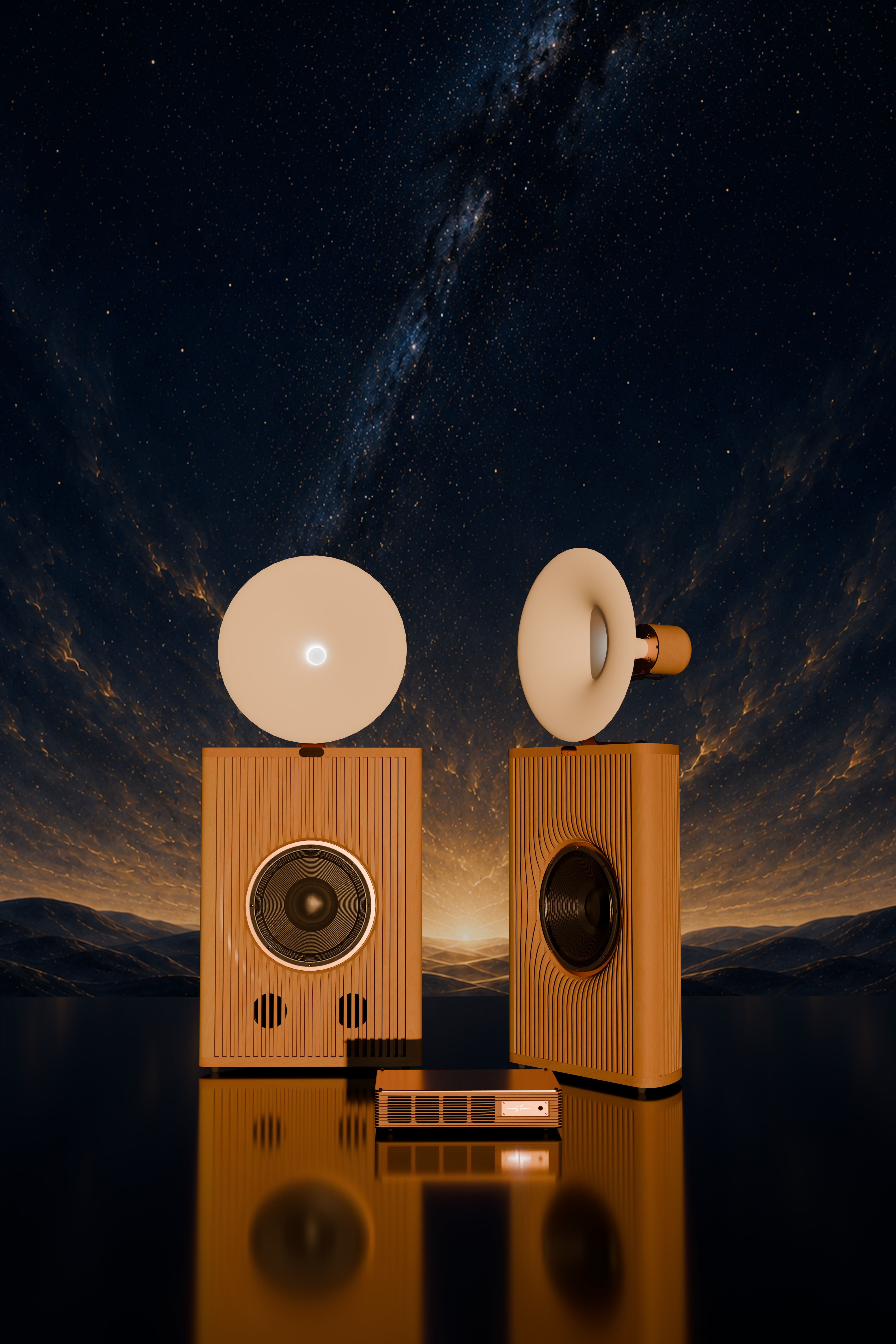 星空を背景にしたSupernova Systemのスピーカーペアとアンプ